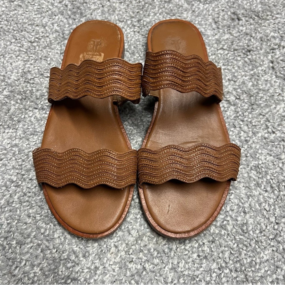 Frye Sandals Womens 6 M Brown Mira Wave Leather Slides Beachy Strappy Flats